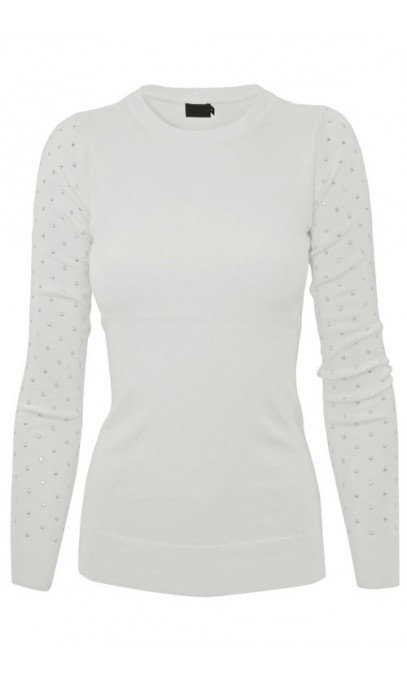 White Ivory sweater with rhinestones on sleeves