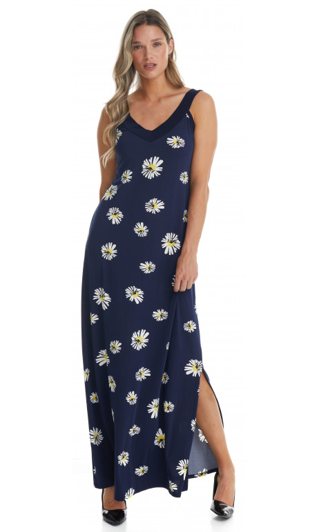 Robe longue Col En V Marine Avec Fleurs