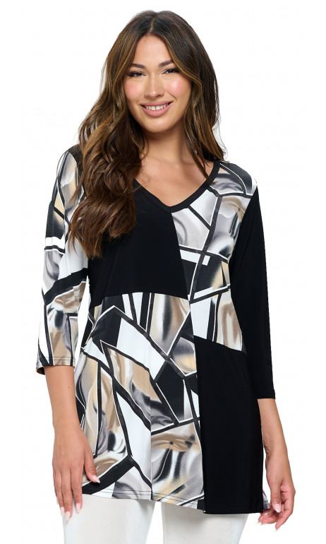 Taupe Printed Contrast V-Neck Tunic